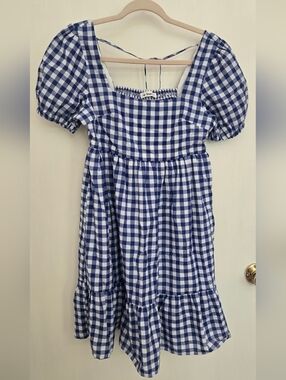 In Bloom Navy and White Gingham Puff-Sleeve Dress